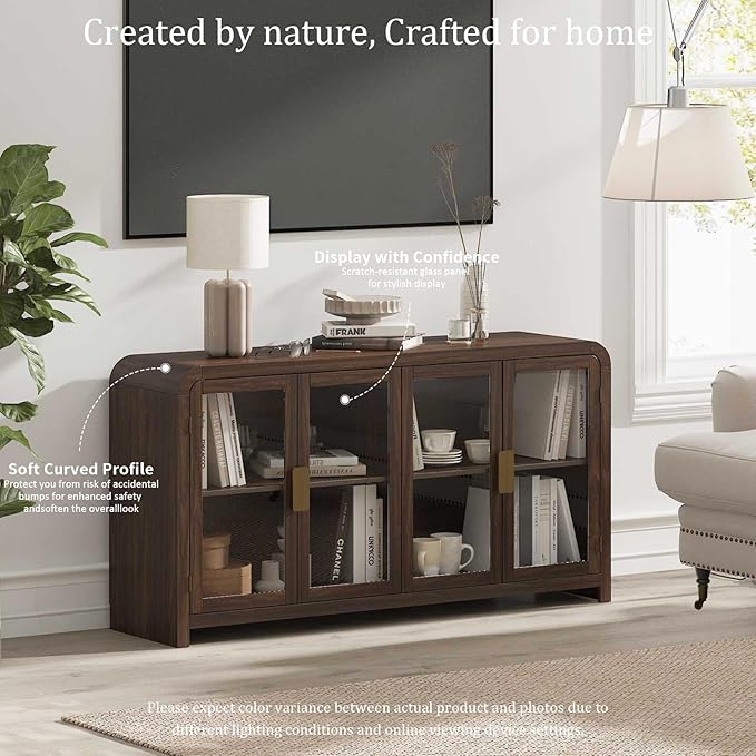 Oak&Sparrow Oak Sideboard Buffet Cabinet with Storage, 60'' Boho Buffets & Sideboards with Adjustable Shelves, Sideboard Cabinet with 4 Glass Doors for Living Room, Hallway & Kitchen