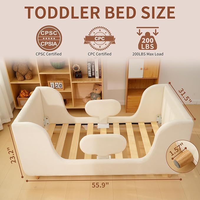 DoCred Toddler Bed - Toddler Floor Bed Frame with Removable Guard Rails, Kids Beds for Ages 2-7 Years, Kid Beds for Girls and Boys, Standard Crib Size(Mattress Not Included)
