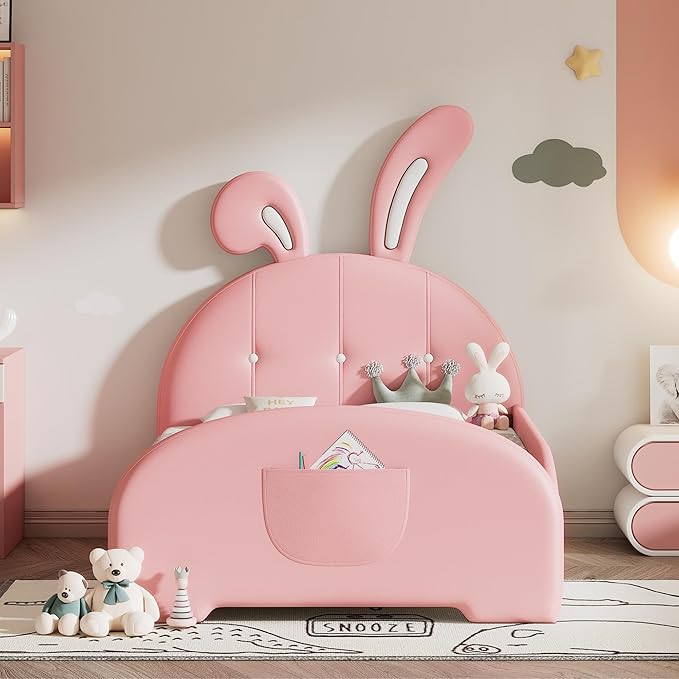 Harper & Bright Designs Twin Size Upholstered Rabbit Shape Princess Bed Frame for Boys Girls Kids Adults Toddler, Twin Size Platform Bed with Headboard and Footboard,Pink