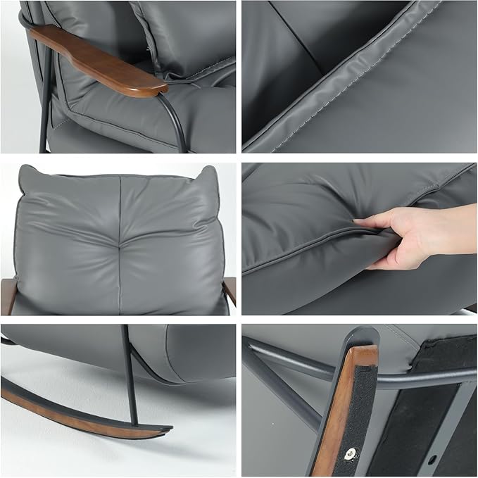 zyz Rocking Chair with Ottoman and Pillow, Mid-Century Modern Recliner, Reclining Nursery Rocker, Wood Armchair, 25° Rocking Motion, Lazy Sofa for Living Room Bedroom Balcony, PU Leather (Dark Grey)