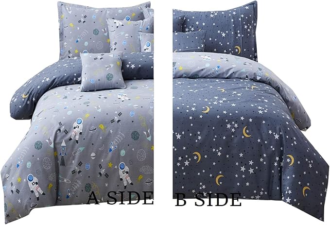 Brandream Boys Space Astronaut Bedding Kids Bedding Sets Queen Size Grey 100% Cotton Duvet Cover Sets Reversible Zipper Closure(No Comforter Included)