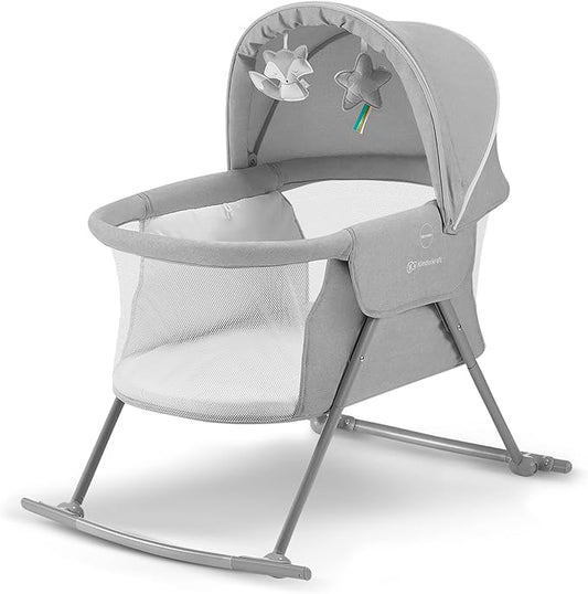 Kinderkraft LOVI Travel Bassinet for Baby, Portable Folding Baby Bed with Built-in Mosquito net, Adjustable Hood and an Additional Cradle Function, Grey