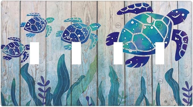 Sea Turtle Grass Seaweed on Rustic Wooden Board Quad Toggle Wall Plate Covers Decorative 4-Gang Wall Plates Ocean Grass Seaweed Electrical Switchplate for Bathroom Bedroom Kitchen Decor 4.5 X 8 In