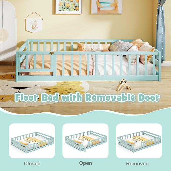KOMFOTT Full Size Wood Floor Bed with Door & Fence, Montessori Bed Frame with Full Length Safety Guardrails, Door & Latch, Wooden Montessori Floor Bed for Kids, Girls, Boys (Full,Green)
