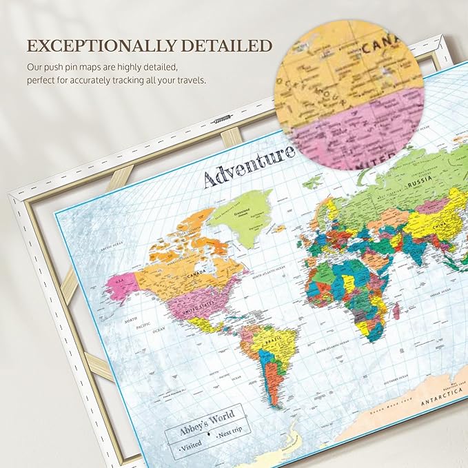 ElephantStock - Personalized Adventure Awaits IV Push Pin World Map Wall Art - Horizontal Canvas Wall Art - Living Room Wall Decor - Digital Art Map Canvas Art - Blue And Green Decor - 30" x 20"