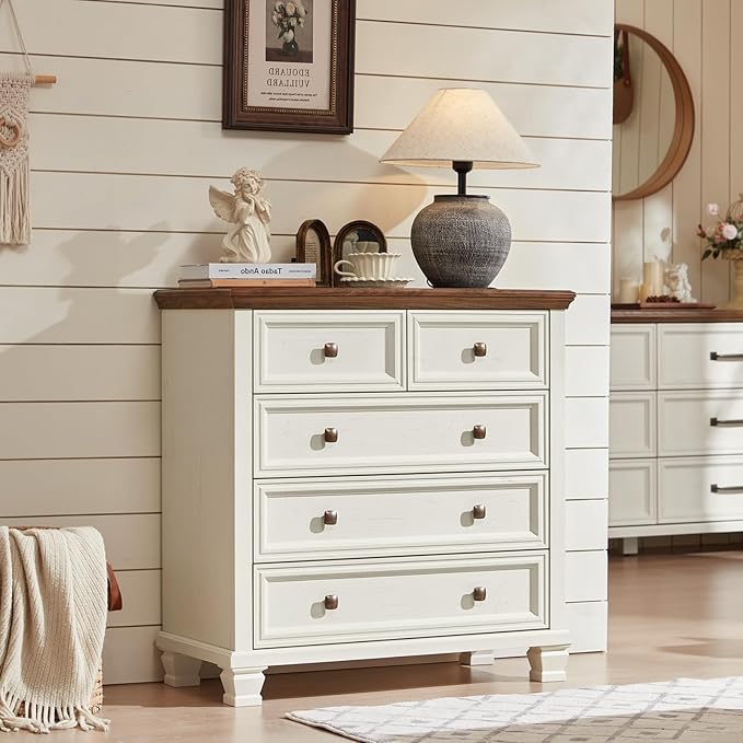 Farmhouse 5 Drawer Dresser Set of 2, 32.6 Inch Tall Modern Chest of Drawers for Bedroom, Mid Century Small Dressers w/Square Solid Wood Legs, Rustic Storage Organizer for Hallway, White
