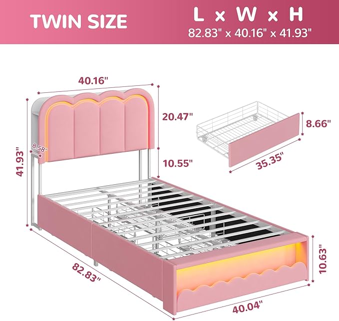 Maupvit Twin LED Bed Frame with Storage Headboard and 4 Drawers, Upholstered Platform Bed Frame with Bookcase, Velvet Princess Bed for Kids Girls, Charging Station, No Box Spring Needed, Pink