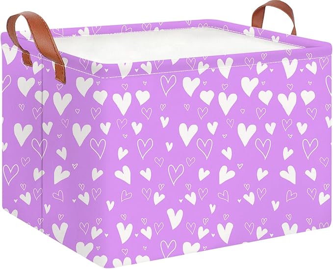 CLOCOR Rectangular Purple Heart Gift Basket,Collapsible Cute Pattern Storage Bin,Waterproof Books Box with Handles,Storage Basket(Purple Heart)