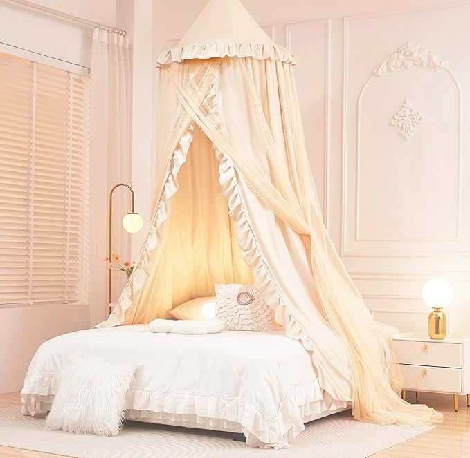 Mengersi Bed Canopy for Girls Kids,Double Canopy Bed Curtains Round Dome Mosquito Net Castle Play Tent Castle for Girls Room Decor (Ivory/Double)