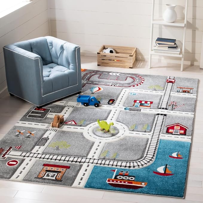 SAFAVIEH Carousel Kids Collection Accent Rug - 4' x 6', Grey & Ivory, Non-Shedding & Easy Care, Ideal for High Traffic Areas for Boys & Girls in Playroom, Nursery, Bedroom (CRK192F)