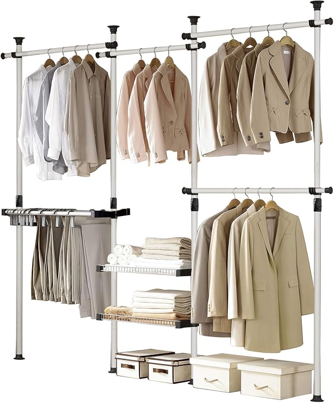 Prince Hanger Deluxe Pants & Shelf Hanger Heavy Duty One Touch Load 880LBS Clothing Racks for Hanging Clothes Metal Wardrobe Closet Garment Tension Rod Freestanding Ivory Height Adjustable PHUS-0052