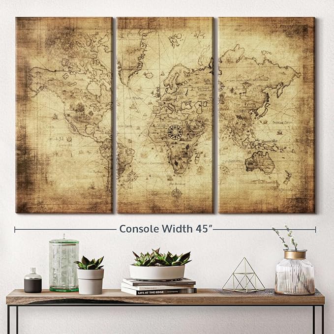ElephantStock Ancient World Map Wall Art Multi Piece Canvas - 3 Piece Canvas World Map Wall Decor - Wall Decor - Ready-to-Hang Print - Vintage Wall Art - 45" X 28"