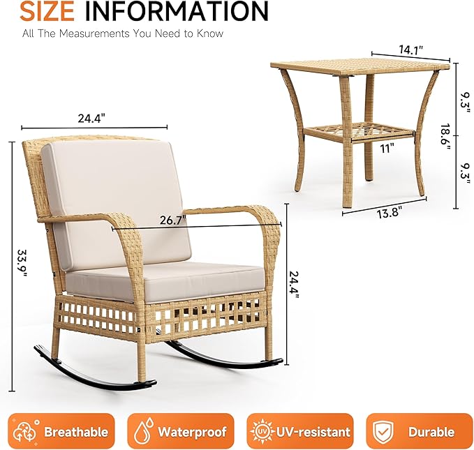 DECMICO Outdoor Rocking Chair, 3 Pieces Wicker Rocking Bistro Set with Rattan Table, Rattan Rocking Chairs with Washable Cushions, Outdoor Wicker Chair for Garden Backyard Porch Poolside