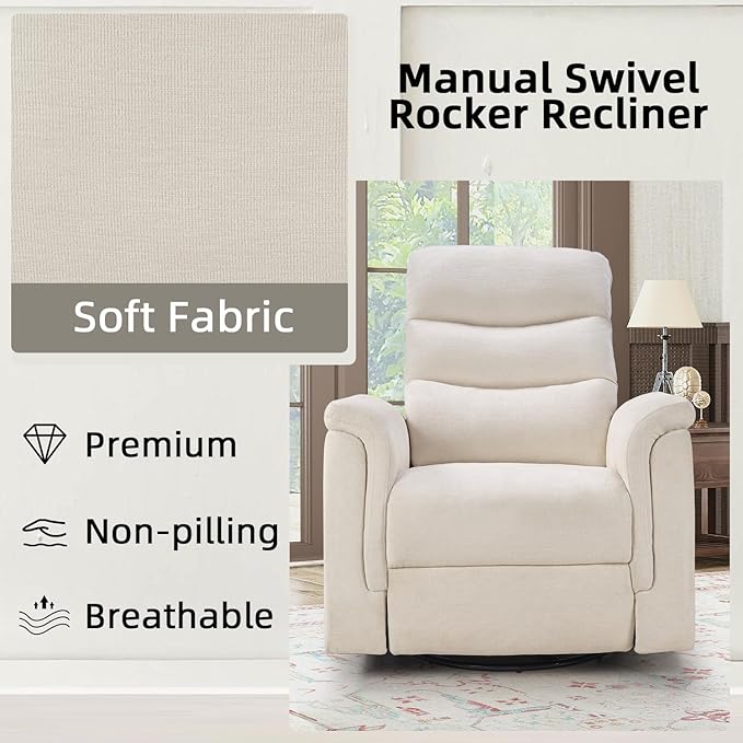 INZOY Swivel Rocker Recliner, Nursery Glider Chair, Manual Chairs Swivel Glider Recliners with Soft Backrest, Fabric Manual Reclining Sofa for Living Room Bedroom Apartment, Beige