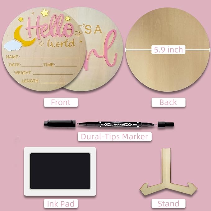 2Pcs Baby Announcement Sign Set, 5.9 Inch Hello World Newborn Sign and IT’S A Girl Welcome Signs, Baby Name Sign with Ink Pad for Hand & Footprints, 3D Wooden Birth Gifts for Hospital Shower Nursery