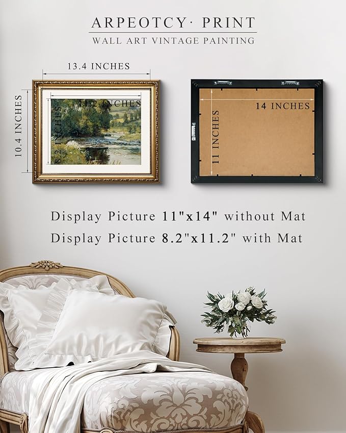 ARPEOTCY Vintage Gold Framed Wall Art, Nature Streamside Retro Paintings, Canvas Prints Artwork with Antique Frame, Victorian Wall Pictures Decor for Living Room Gallery Room 13x16 inch