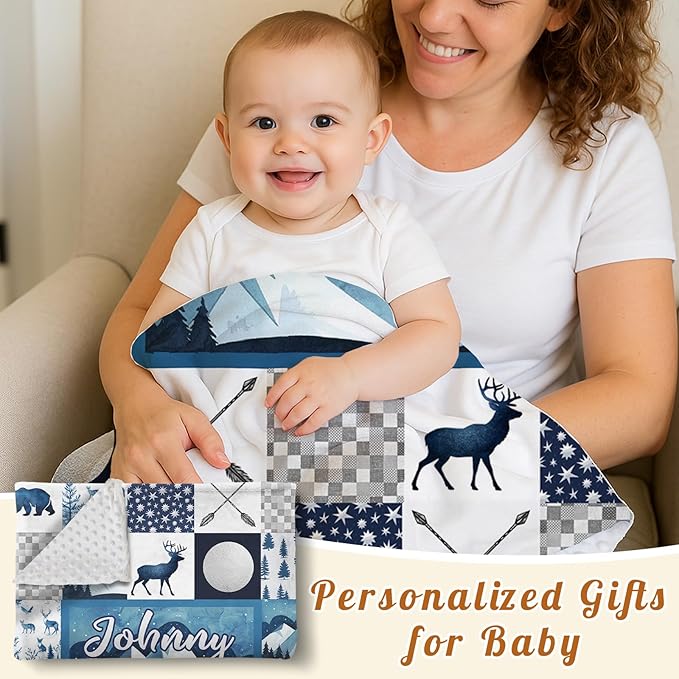 Personalized Baby Blankets for Girls Boys, Custom Blue Deer Baby Blanket with Name for Kids, Flannel Bed Throw Blanket for Newborn, Customized Gifts for Baby Shower Nursery Blanket(60" x80)