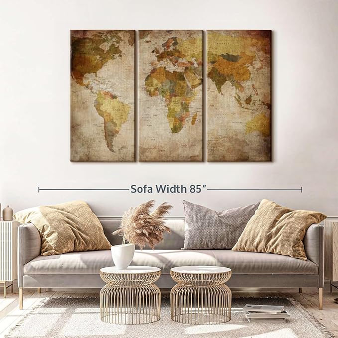 ElephantStock World Map Multi Piece Canvas - 3 Piece Canvas World Map Wall Decor - Wall Decor - Ready-to-Hang Print - Vintage Wall Art - 65" X 42"