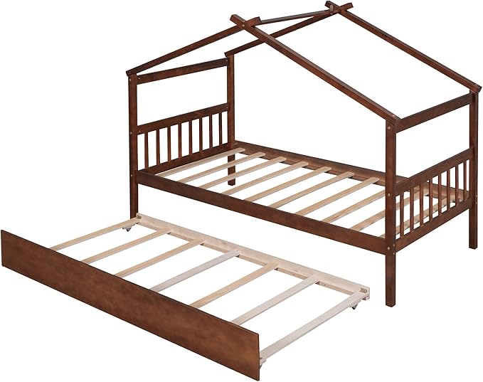 Merax Twin Size Wooden House Bed with Trundle, Wood Bed Frame with Roof for Kids, Teens, Boys or Girls, Walnut