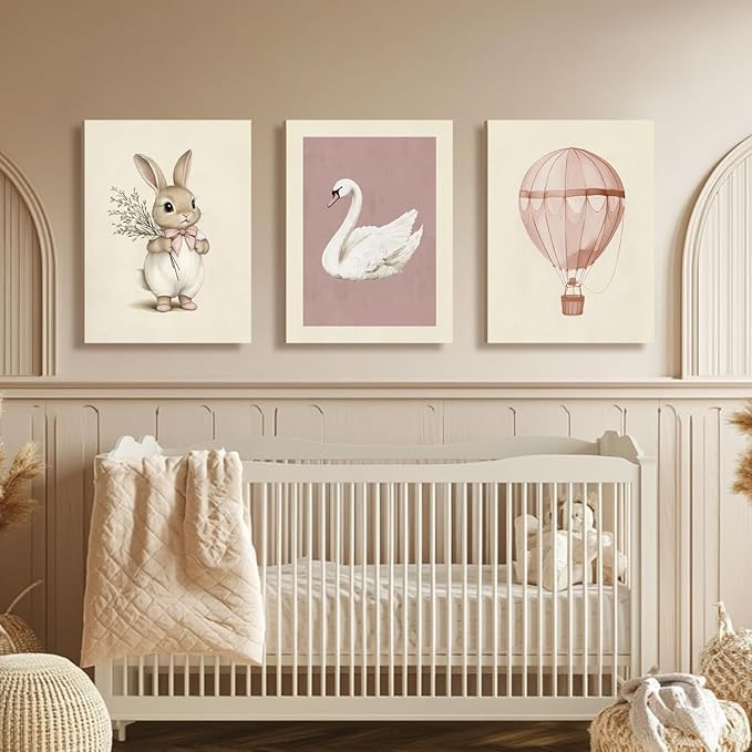 Hianan Pink Baby Girl Nursery Wall Decor Cute Bunny Wall Art Cozy Rabbit Canvas Artwork Elegant Swan Poster Prints Vintage Hot Air Balloon Painting Prints for Kid's Room Baby Room Framed 16"x24"x3
