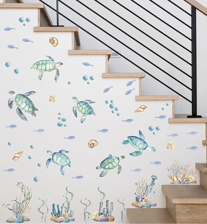 Watercolor Sea Turtle Wall Stickers, Sea Turtles Seaweed Coral Bubbles Vinyl Wall Decals, Removable Under The Sea Themed DIY Wall Art for Kids Bedroom Playroom Toddler Room Bathroom Decor