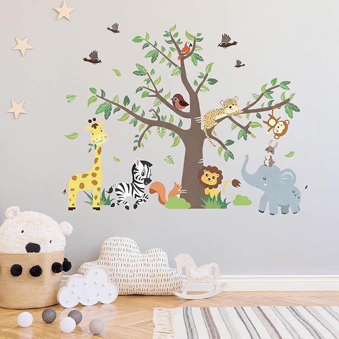 Jungle Animals Wall Decals Removable Peel and Stick Window Clings 2-Sheet Set with Elephant, Lion Giraffe Design for Kids Room, Nursery Classroom Decor