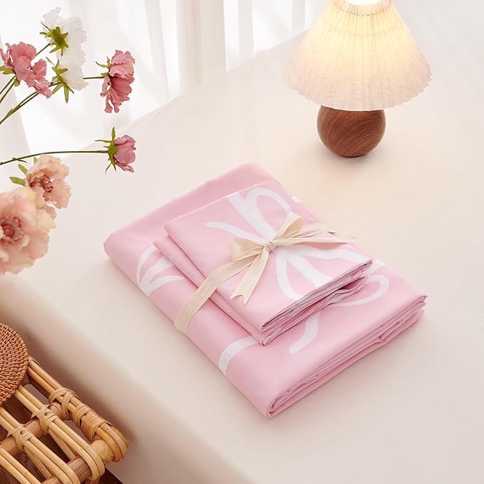 Pink Bow Duvet Cover Queen Coquette Bedding Set for Girls Kids Cute Princess Style Bowknot Bedding Ultra Soft Microfiber Duvet Cover Set with 2 Pillowcases(No Comforter)