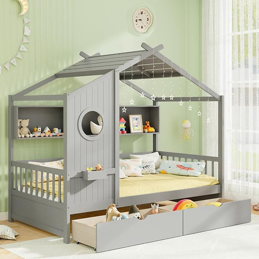 KOMFOTT Twin Size Wood House Bed with 2 Drawers, Wooden Bed Frame with Cube Storage & Fence Rails, Wooden Platform Twin Bed Frame with House-Shaped Roof for Bedroom, No Box Spring Needed (Grey)