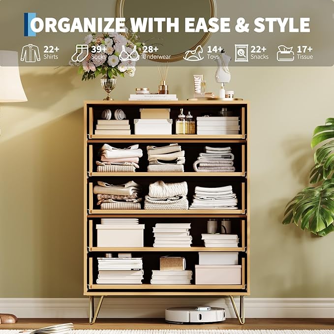 Garvee Fluted Dresser for Bedroom with 5 Drawers,32" Wide Modern Chest of Wooden Bedroom Chest with Metal Handle,Clothes Storage Organizer,Closet Dresser & TV Stand for Living Room,Hallway,Natural Oak