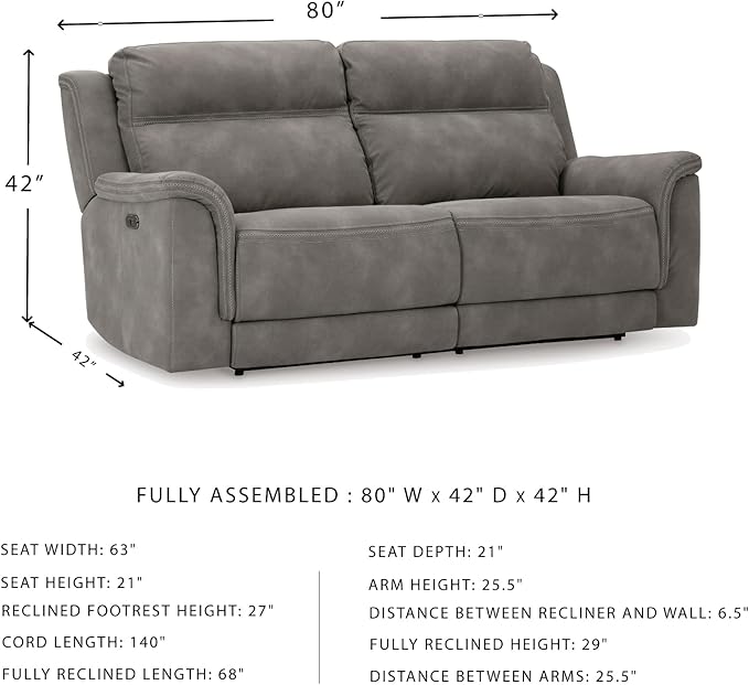Signature Design by Ashley Next-Gen DuraPella Power Reclining Sofa, USB, Extended Ottoman, Water Repellent Faux Leather, 80" W x 42" D x 42" H, Slate Gray