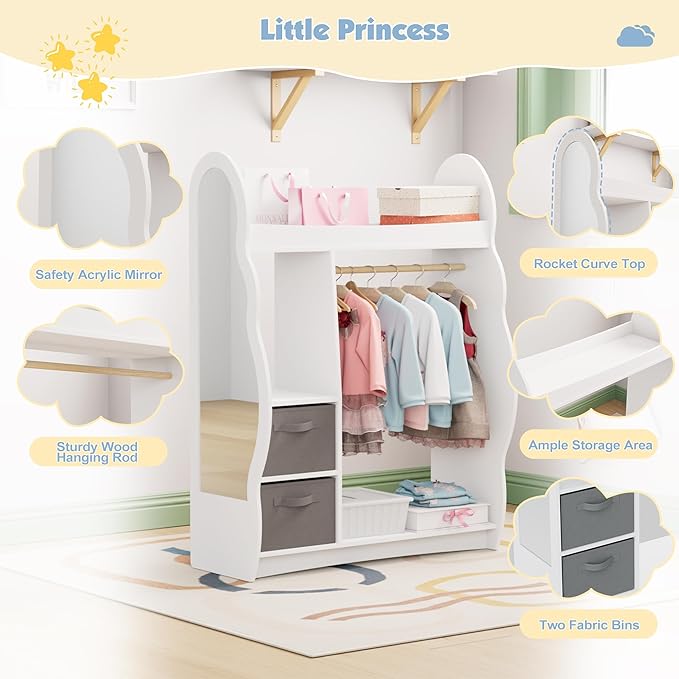 Kids Dress Up Storage Rack Mirror Wood Child Wardrobe 2 Hooks 2 Fabric Bins Toddler Closet Girls Boys Open Hanging Armoire Storage Shelf Coat Costume Hat Shoe (Cloud+White+Two Drawers)