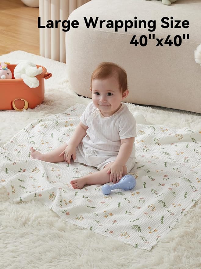 TILLYOU 3 Pack Muslin Swaddles for Newborns Baby Blankets for Girls Boys Cotton Swaddle Blankets 40"x40", Daisy