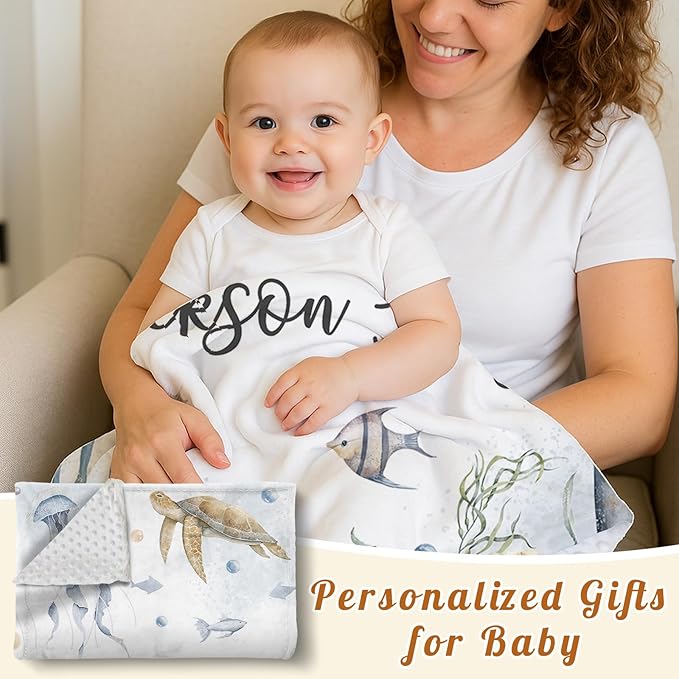 Personalized Baby Blanket with Name, Customized Baby Blanket for Kids Newborns, Soft Flannel with Double Layer Dotted Backing, Customized Gifts for Baby Shower Birthday, Sea Turtle(47" x60)
