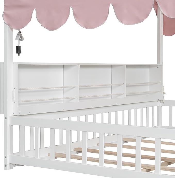 Merax Full Size Montessori Floor Bed for Kids Toddler, House Shaped Kids Full Bed Frame with Safety Guardrail, Curtain & Lights, Side Storage Bookshelves, Solid Wood Slats, Easy Assembly, Pink