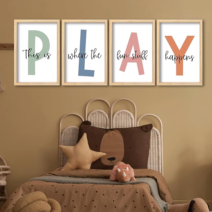 Surfapans Nursery Playroom Wall Decor 16"×11" Set of 4 This Is Where The Fun Stuff Happens sign Wooden Framed for Children's Room Wall Hanging Art (Wood)