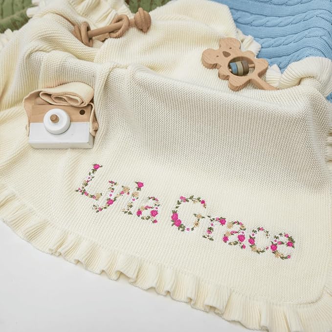 Personalized Floral Embroidered Name Blanket – Soft Cotton Knit Newborn Blanket, Custom Keepsake Gift, Cozy Cover for Girls, Unique Shower Present