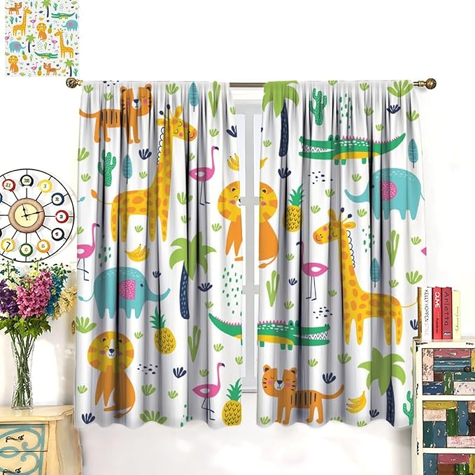Kids Animals Blackout Curtains Cartoon Cute Abstract Fun Tropical Animals Art Printed for Children Girls Boys Bedroom Nursery Rod Pocket Decoration Window Drapes 2 Panels W21xL63in