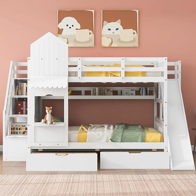 MERITLINE Full Over Full Castle Bunk Bed with Slide,Stairs and Drawers,Solid Wood Floor House Princess Bunk Bed with Storage Shelves (White,Full Over Full)