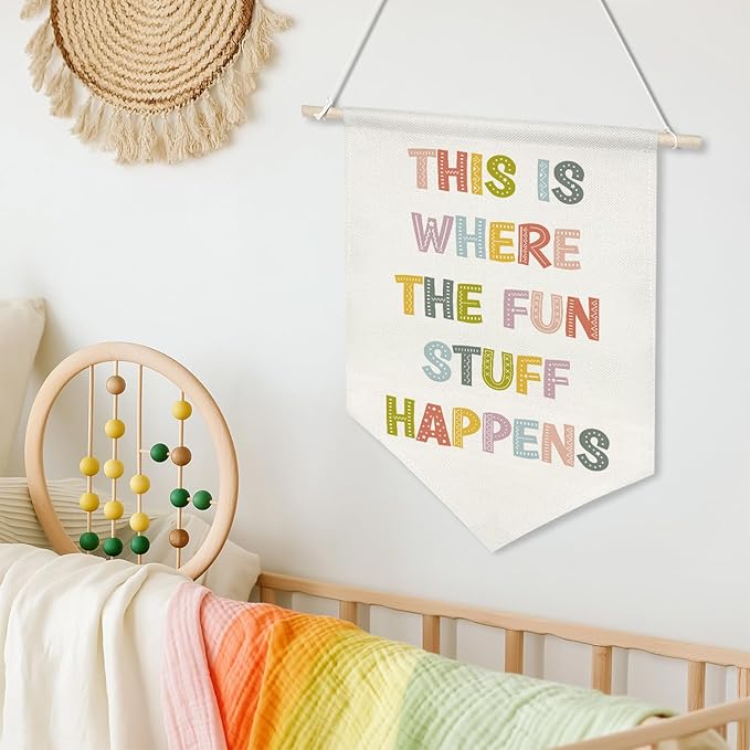 This Is Where the Fun Stuff Happens Banner,16"x11" Canvas Wall Hanging with Wooden Rod, Classroom Playroom Decor, Colorful Positive Quote Poster for Kids Room, Nursery, or Teacher Gifts (KD26)
