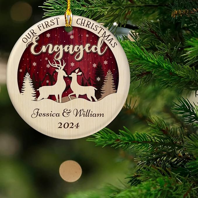 wowcugi Personalized First Christmas Engaged Ornament Personalized Reindeer Couple Ceramic Ornaments Engagement Ornament Wedding Keepsake Gifts for Newlywed Xmas Tree Decorations