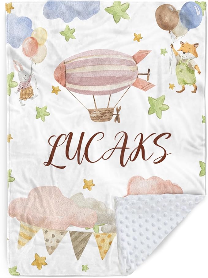 Personalized Baby Blanket for Girls, Custom Name Blanket for Newborn New Mom , Soft Flannel with Double Layer Dotted Backing, Gifts for Baby Shower Christmas Birthday, Hot Air Balloons(47"x60)