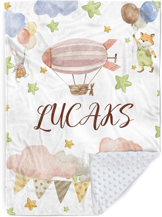 Personalized Baby Blanket for Girls, Custom Name Blanket for Newborn New Mom , Soft Flannel with Double Layer Dotted Backing, Gifts for Baby Shower Christmas Birthday, Hot Air Balloons(47"x60)