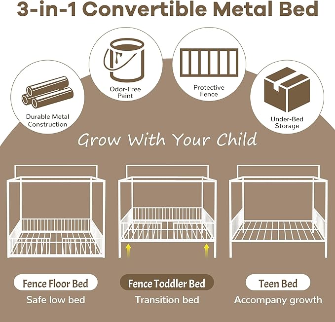 Harper & Bright Designs Twin Floor Bed Frame with Canopy and Guardrails, Metal Montessori Floor Bed with High Fence, Canopy Bed for Kids with Sturdy Metal Slats Support, Easy Assembly,White