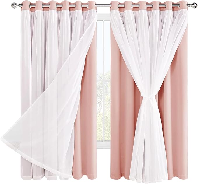 Hiasan Extra Wide Blackout Curtains with Sheer Overlay Thermal Insulated Double Layer Window Curtains for Bedroom Living Room, 2 Panels with Tiebacks, Blush Pink, 70W X 63L