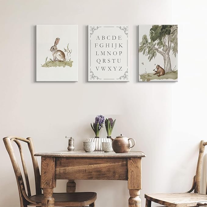 LSXARTQQ Set of 3 Woodland Nursery Wall Art Neutral Forest Animal Alphabet Canvas Wall Decor Vintage Nursery Wild Animals Paintings Pictures Kids Boys Girl Room Bear Bunny Artwork Prints(12x16inch)