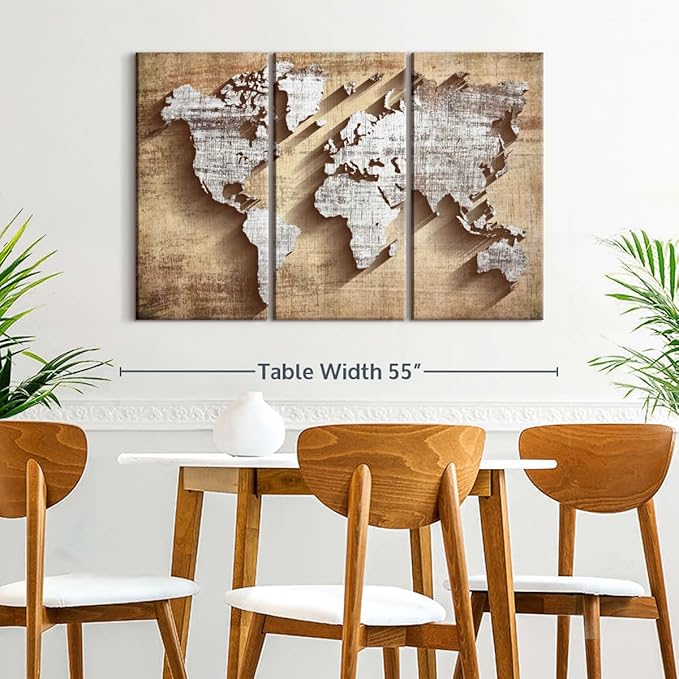 ElephantStock Dimensional World Map II Multi Piece Canvas - 3 Piece Canvas World Map Wall Decor - Wall Decor, Ready-to-Hang Print - Vintage Wall Art - 50" X 32"