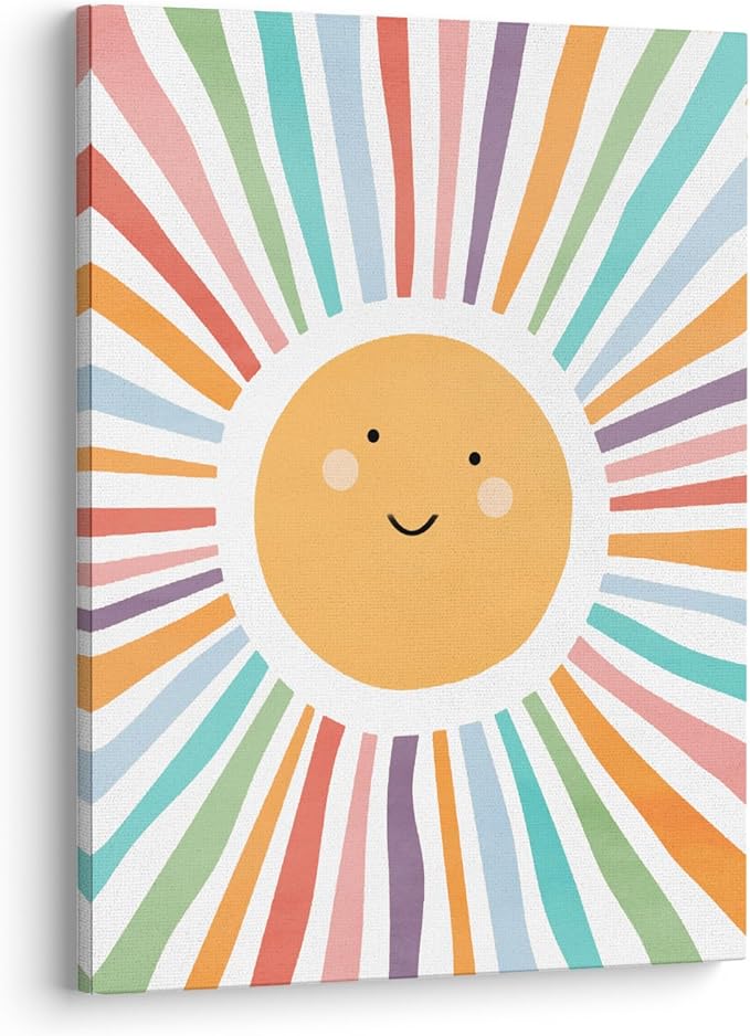 XWELLDAN Cute Cartoon Smiling Sun Cheerful Nursery Wall Art Canvas Prints,Watercolor Boho Neutral Sun Sunshine Wall Art Decor for Kids Baby Bedroom Nursery Playroom, 11 x 14 Inch（multi color）