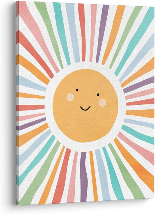 XWELLDAN Cute Cartoon Smiling Sun Cheerful Nursery Wall Art Canvas Prints,Watercolor Boho Neutral Sun Sunshine Wall Art Decor for Kids Baby Bedroom Nursery Playroom, 11 x 14 Inch（multi color）