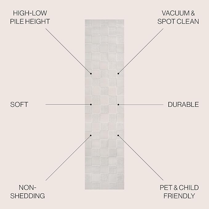 JONATHAN Y Checkerboard High-Low Runner Rug 2X8 White/Cream, Thea Modern Geometric for Living Room, Bedroom, Kitchen, Office, Easy-Cleaning, High Traffic, Pet-Friendly, Non-Shedding SND103B-28
