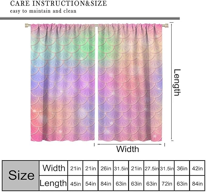 Mermaid Curtains, Kids Cartoon Watercolor Sea Animals Mermaid Princess Scales Pattern Print Living Room Decoration for Kids Girls Bedroom Nursery 42x63 Inch